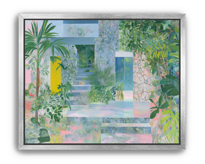 Pastel stairs between yellow and blue doors