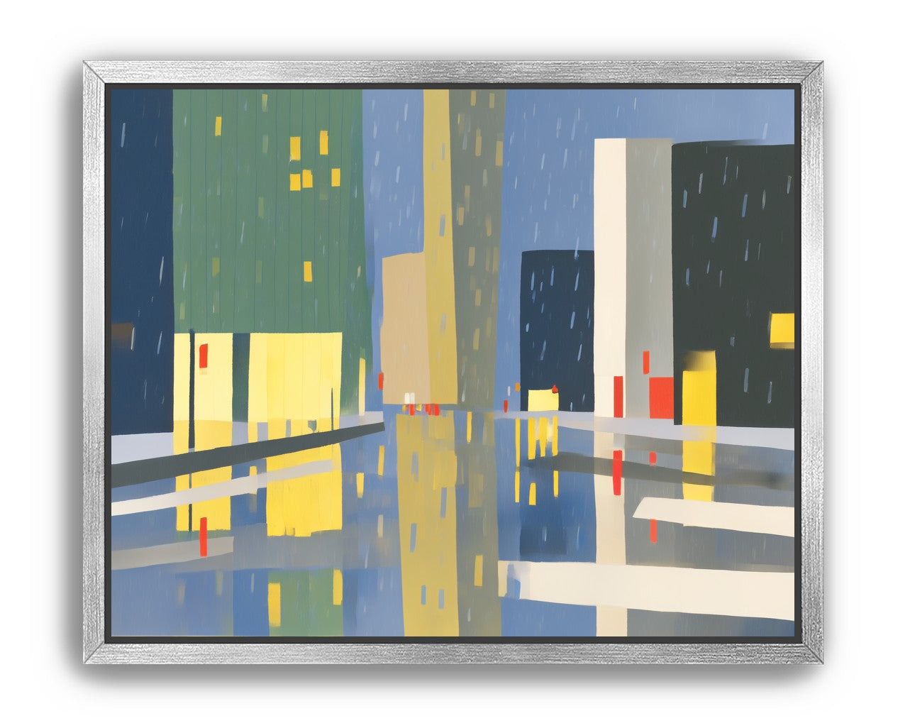 Yellow windows on wet blue street