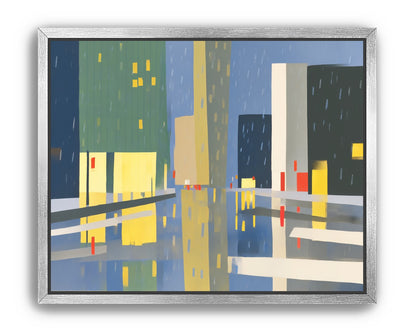Yellow windows on wet blue street