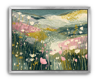 Teal sky over pink meadow
