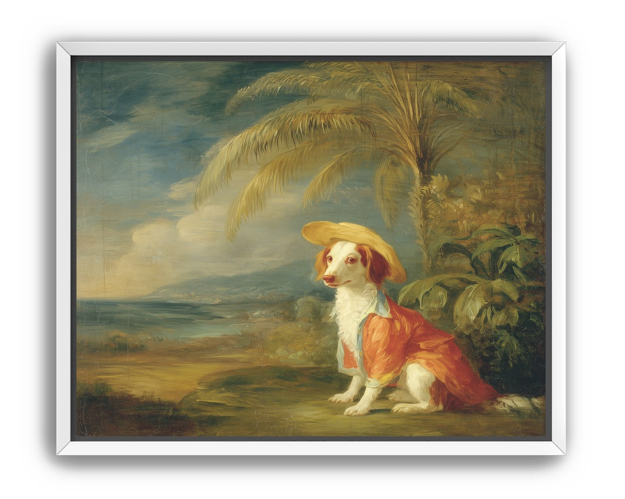 A hatted dog by the sea