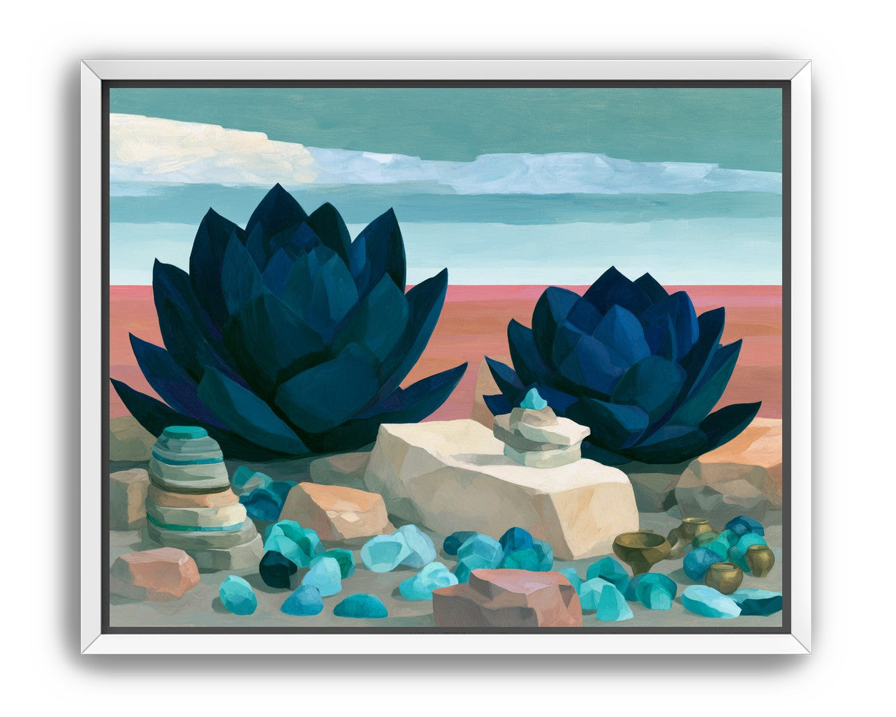 Deep blue blooms on coral ground