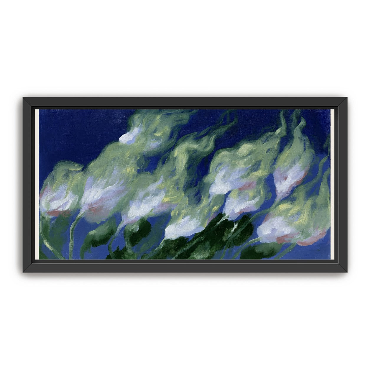 Pale flowers across blue field