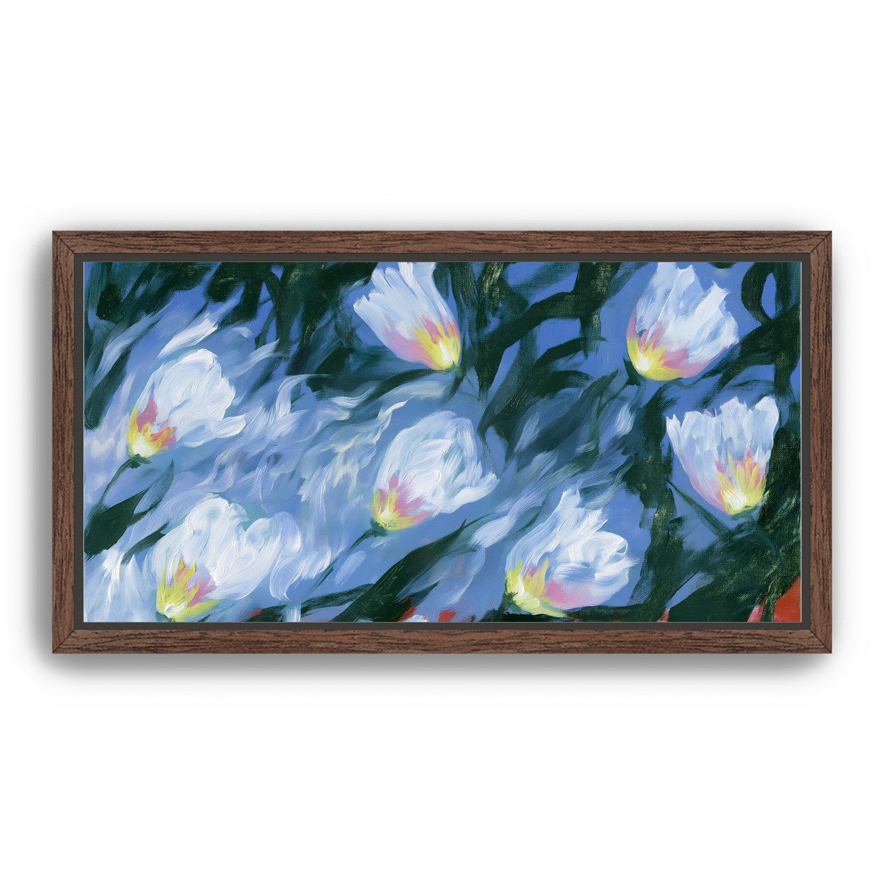 White tulips on blue ground