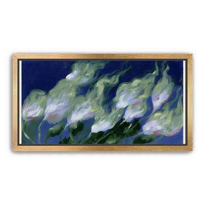 Pale flowers across blue field