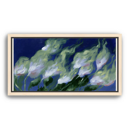 Pale flowers across blue field