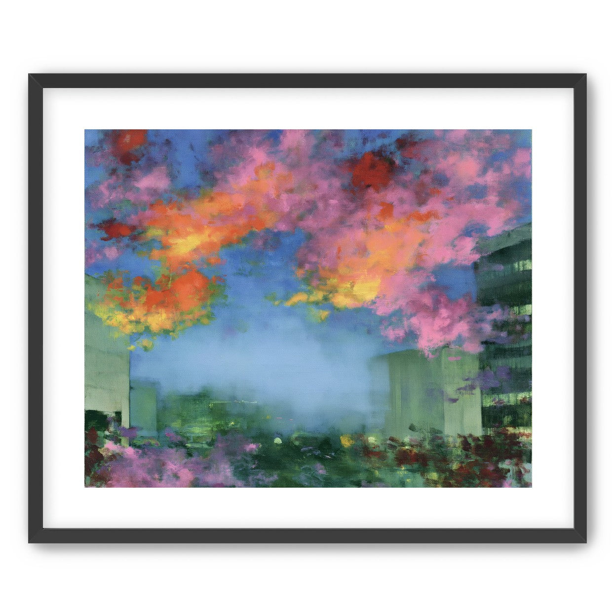 Neon clouds over rooftops