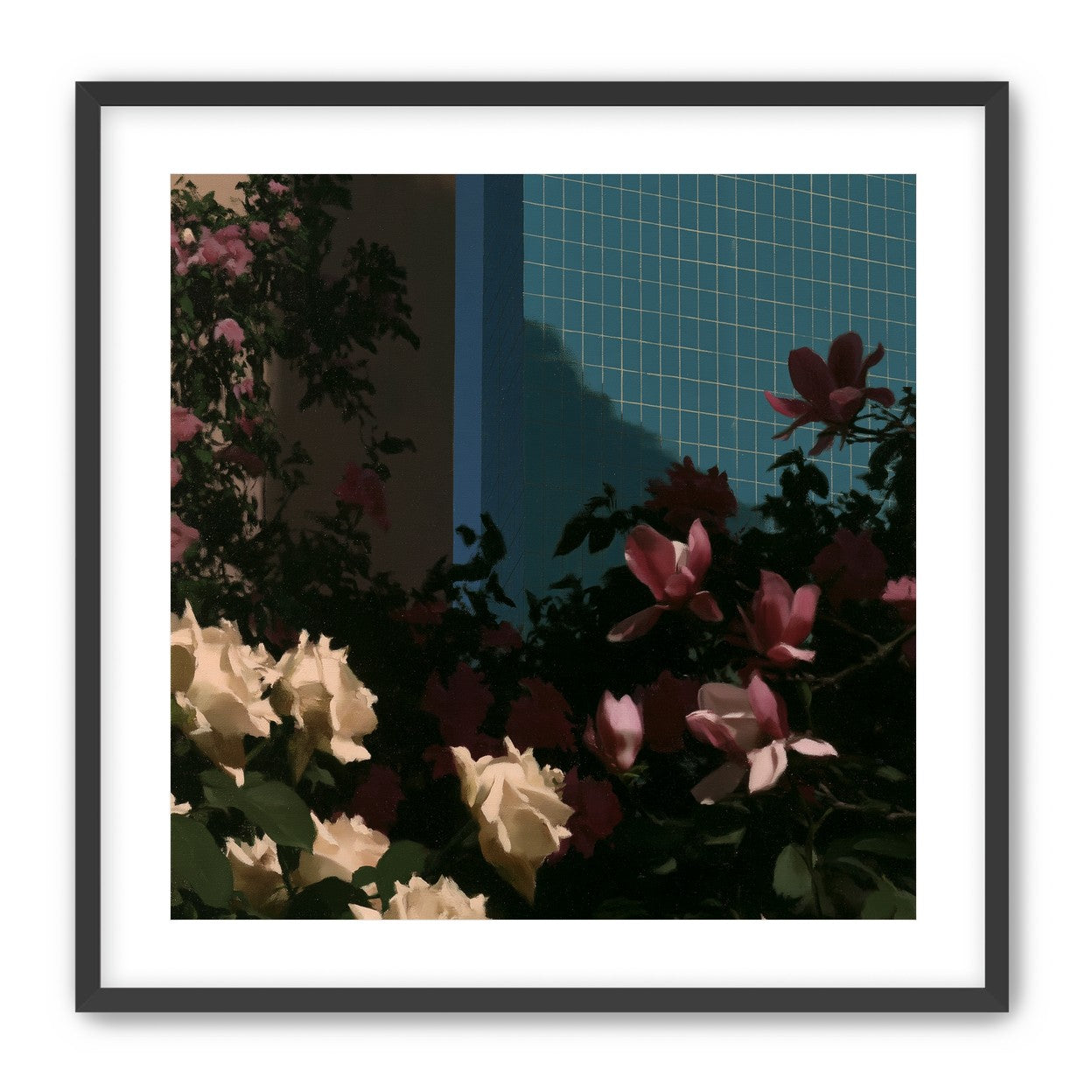 Flowers beneath the tiled wall
