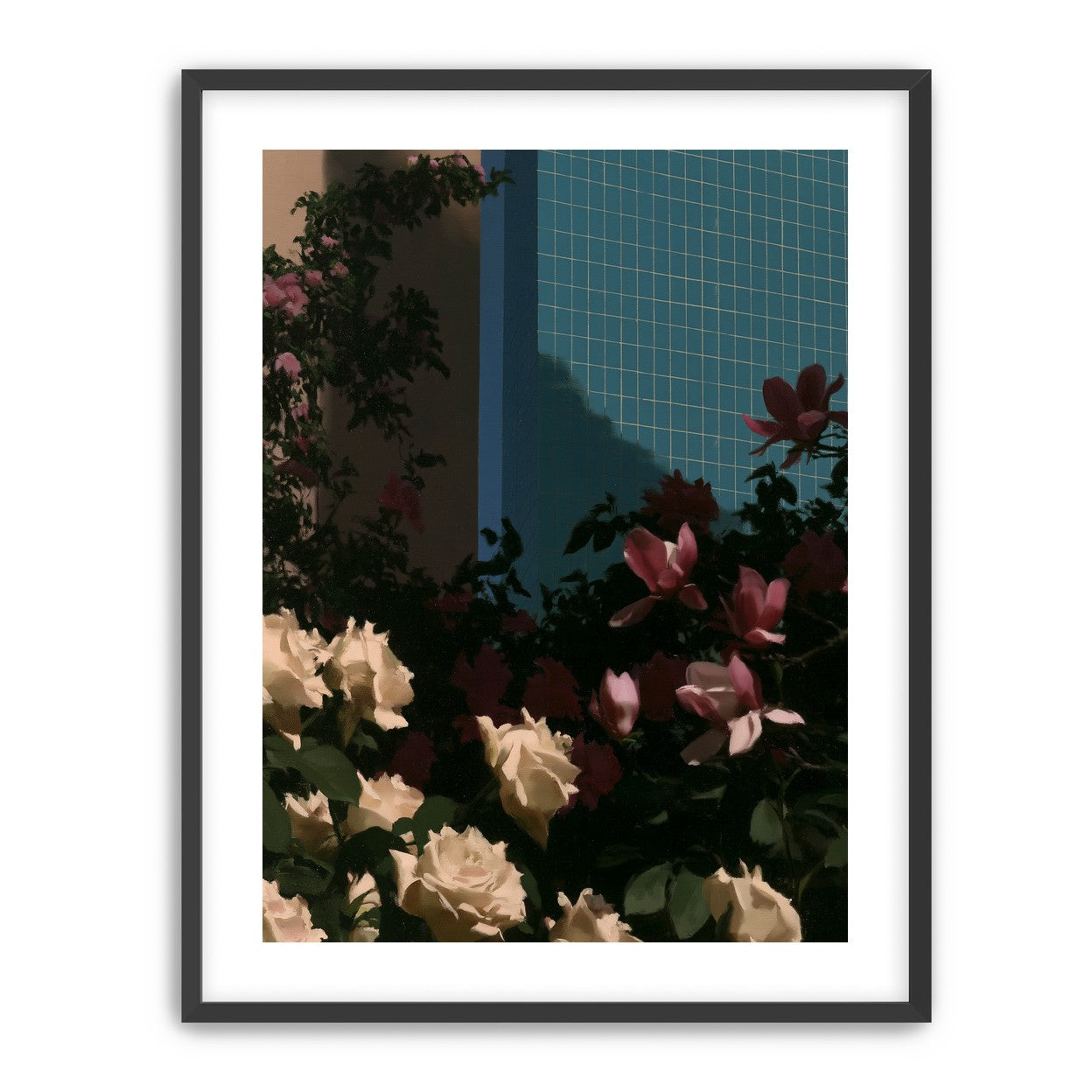 Flowers beneath the tiled wall