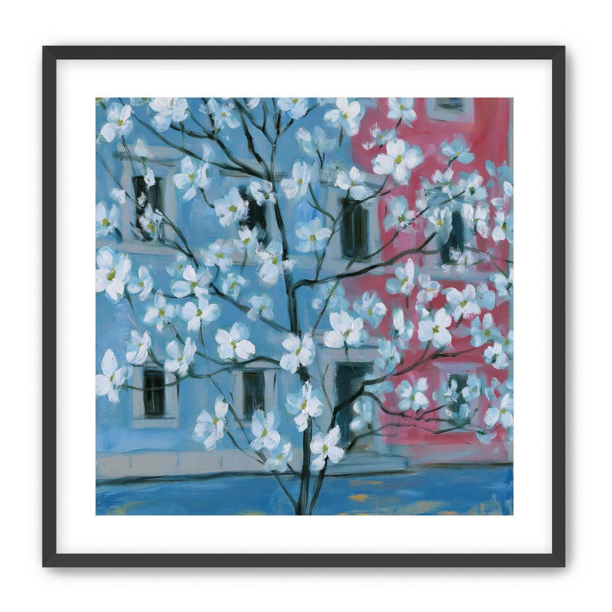 White blossoms across blue and pink