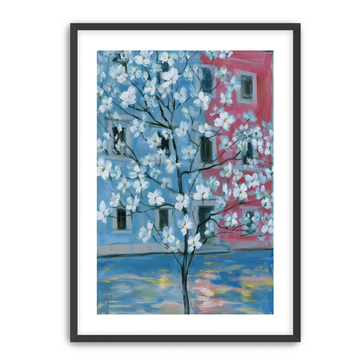 White blossoms across blue and pink