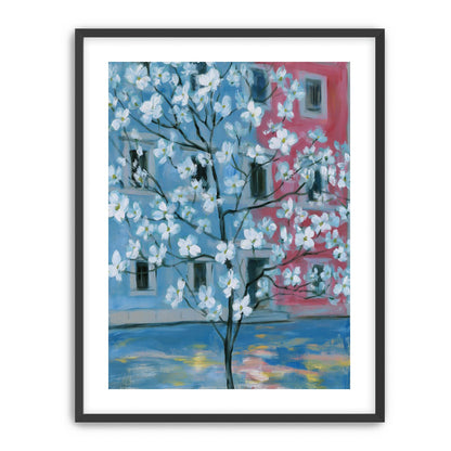 White blossoms across blue and pink