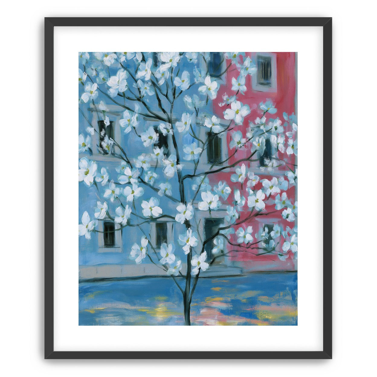 White blossoms across blue and pink