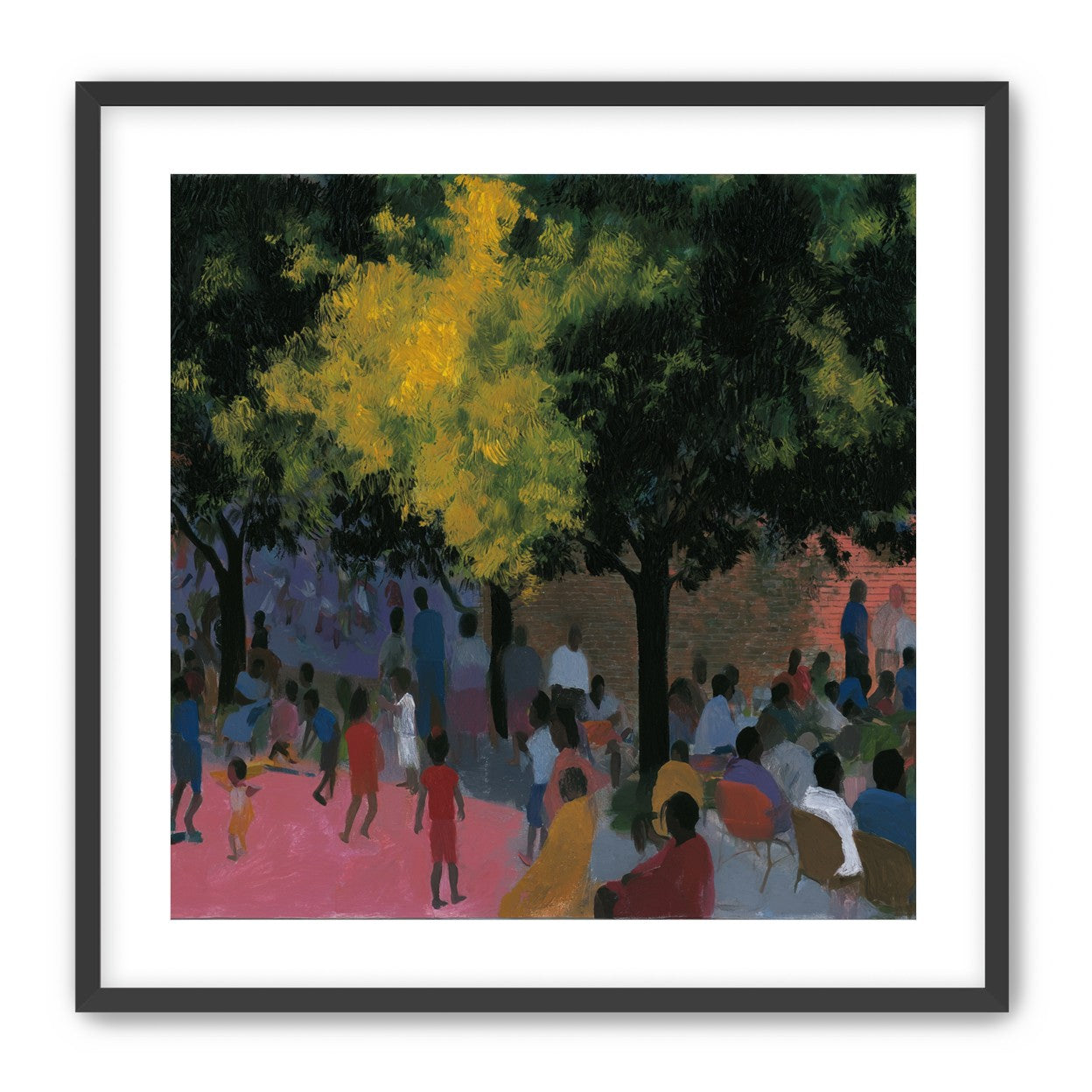 Children playing under trees