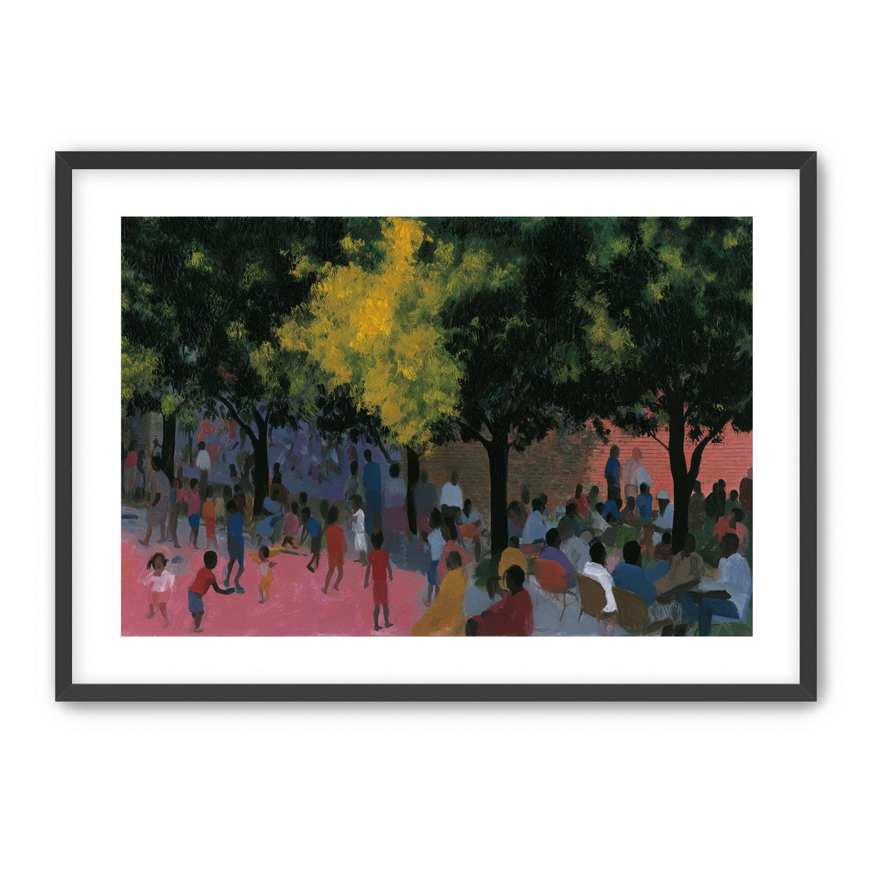 Children playing under trees