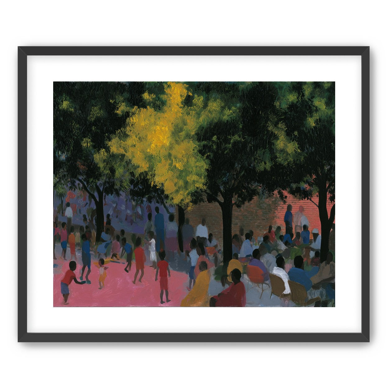Children playing under trees