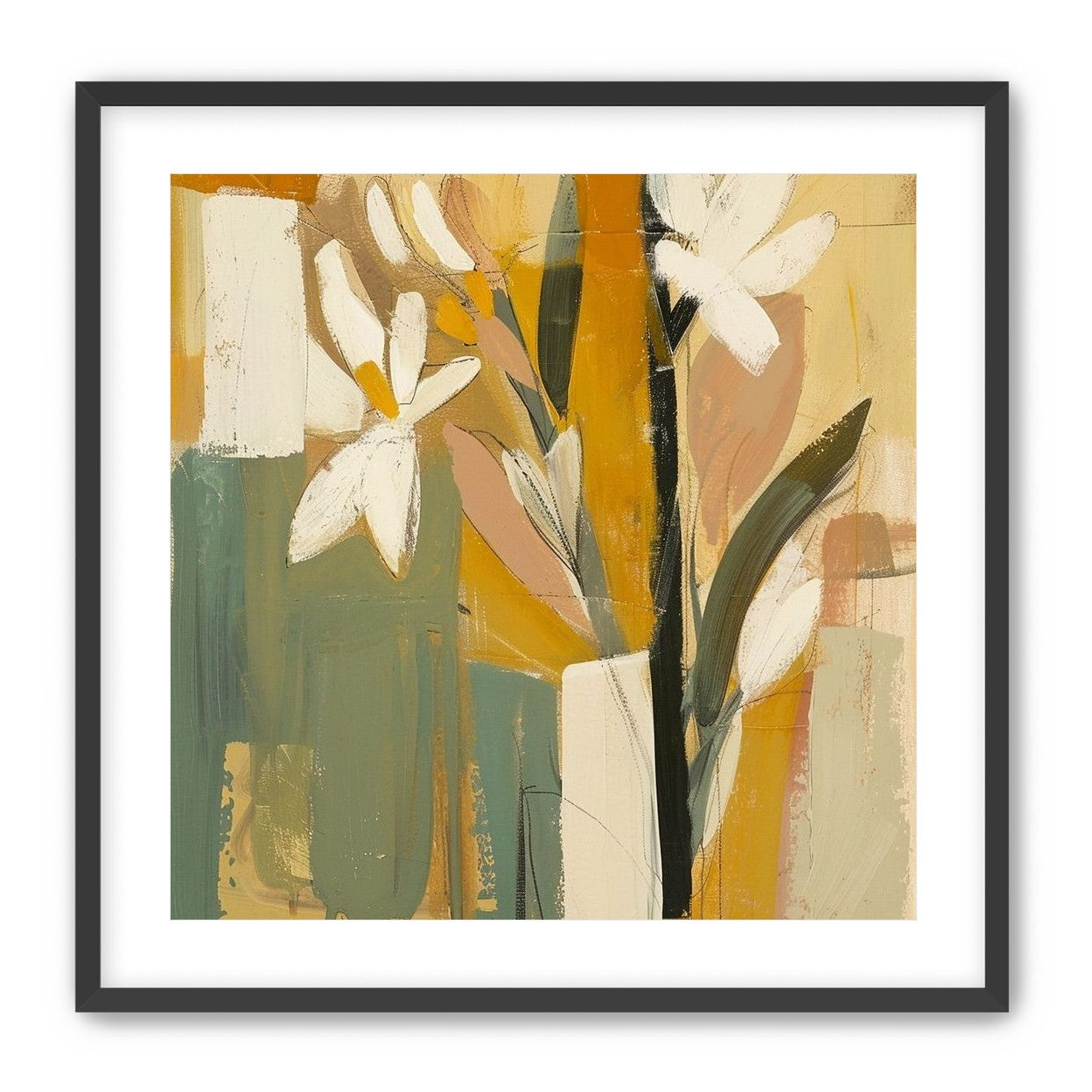 White flowers in ochre blocks