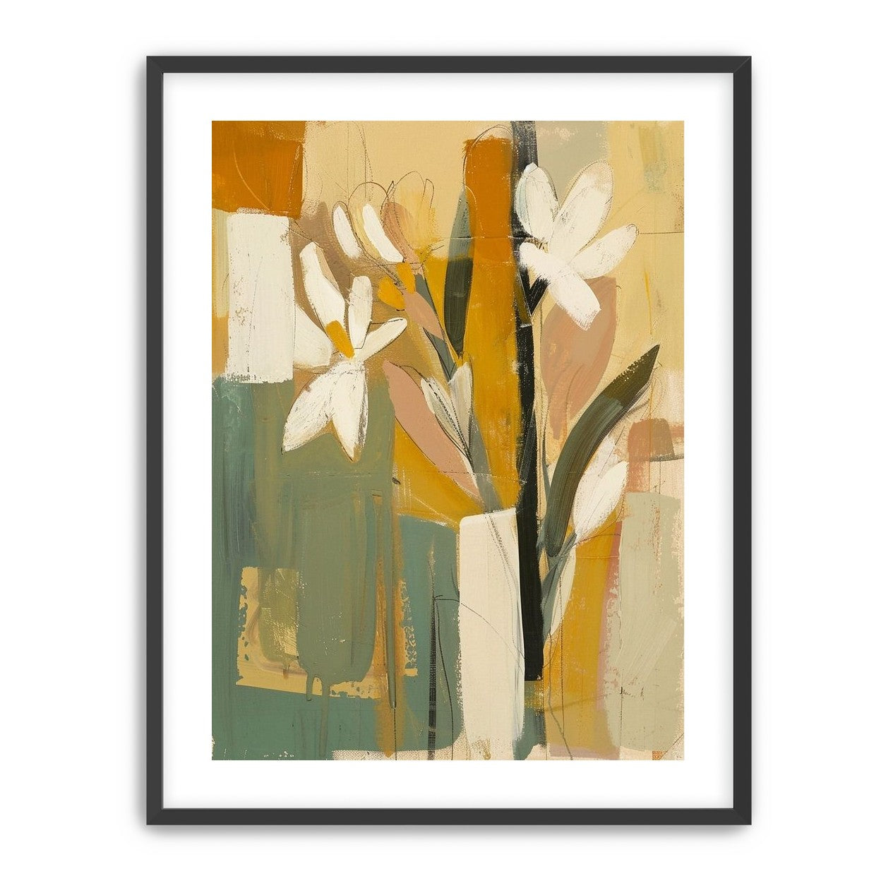 White flowers in ochre blocks