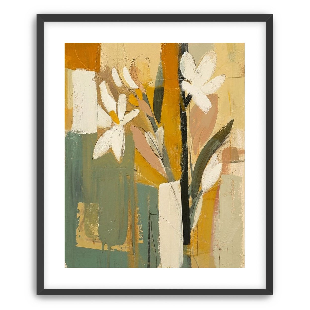 White flowers in ochre blocks