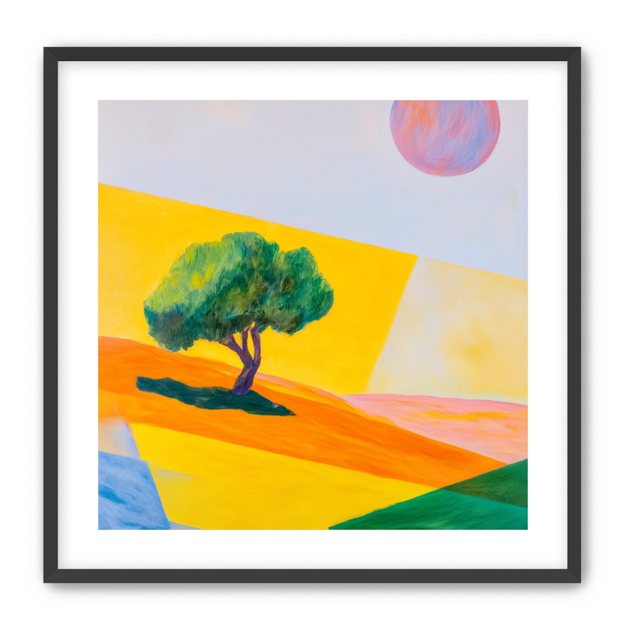 Pink sun over yellow hills