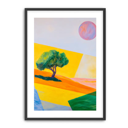 Pink sun over yellow hills