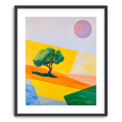 Pink sun over yellow hills