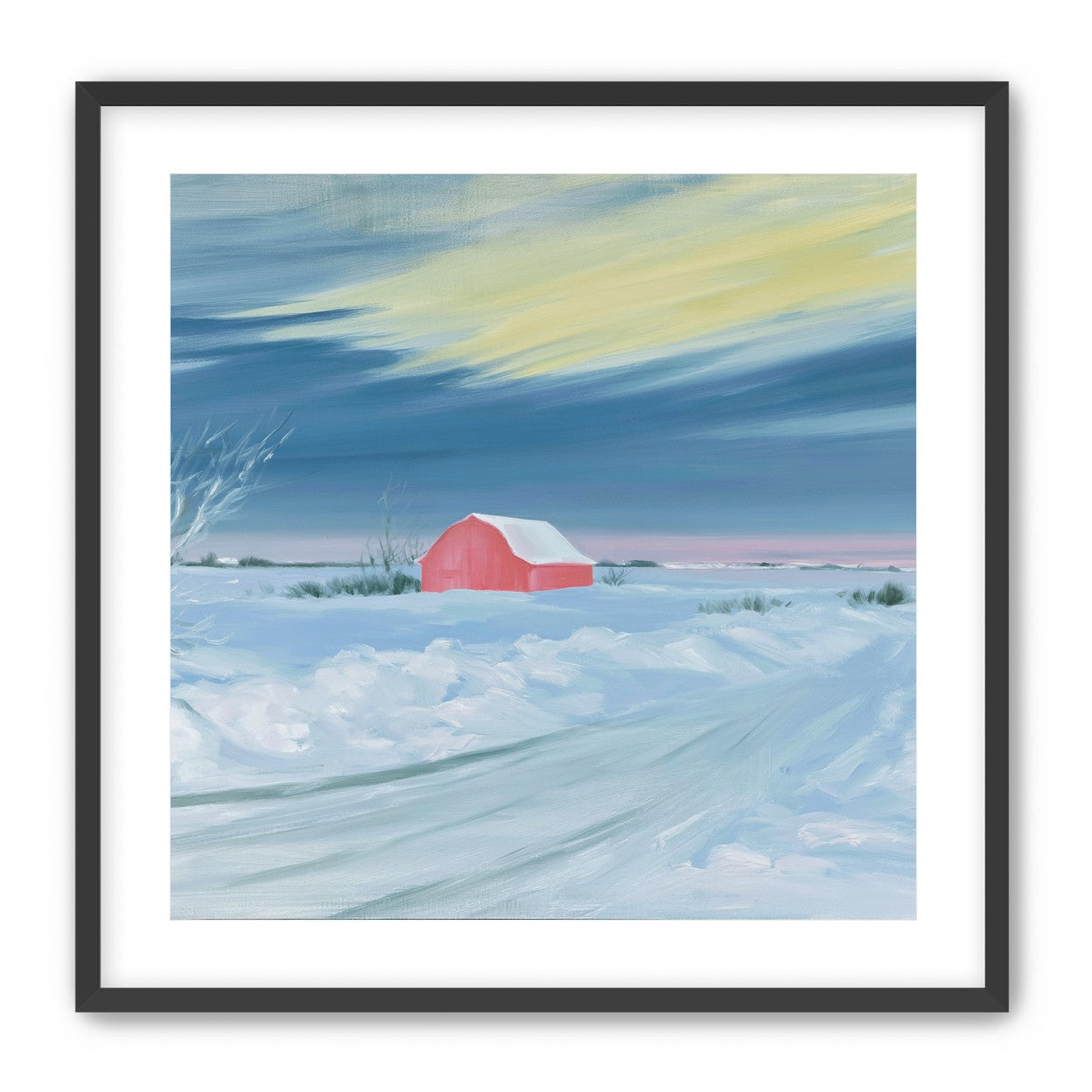 Red barn beneath winter sky