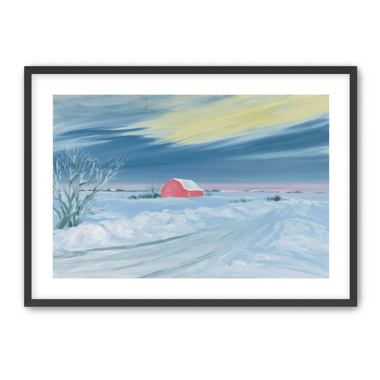Red barn beneath winter sky