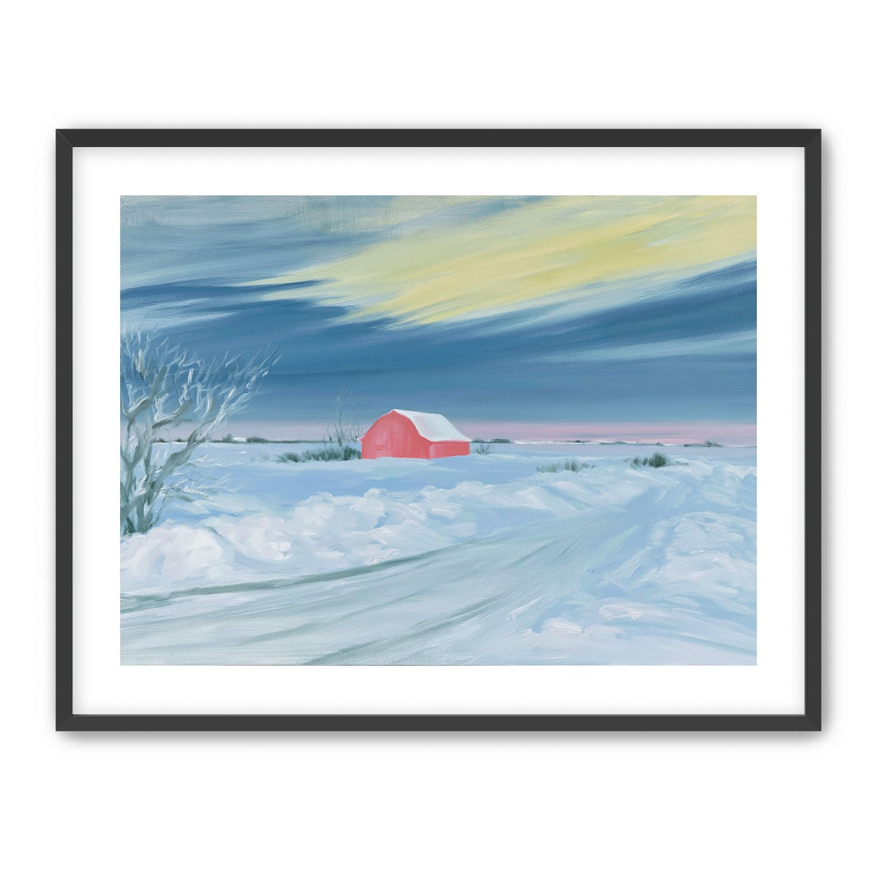 Red barn beneath winter sky