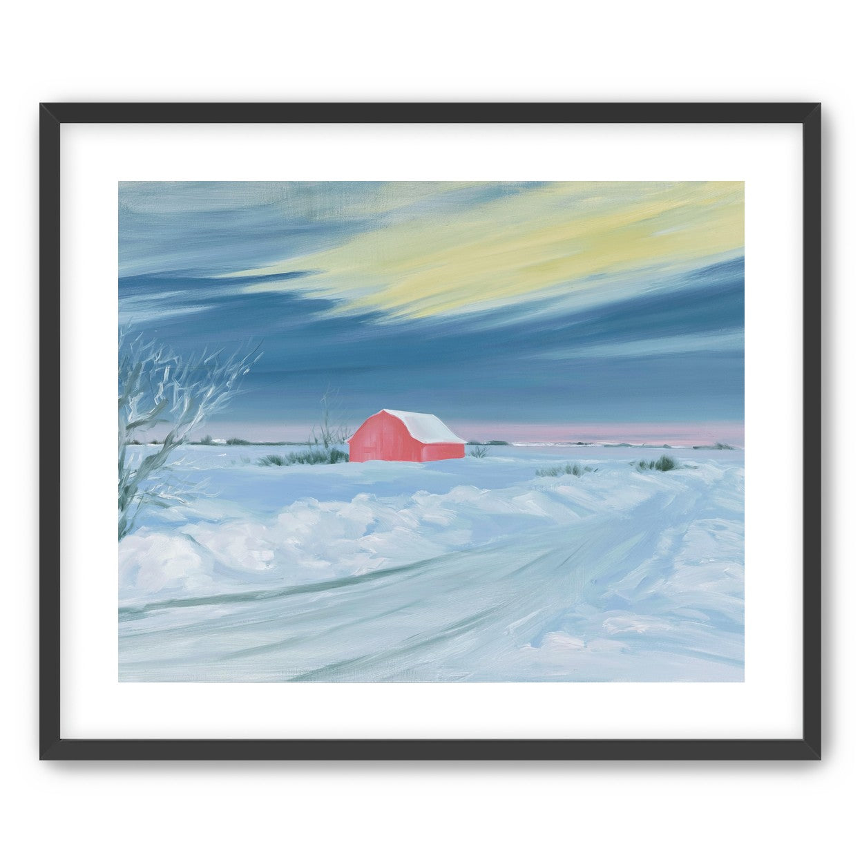 Red barn beneath winter sky
