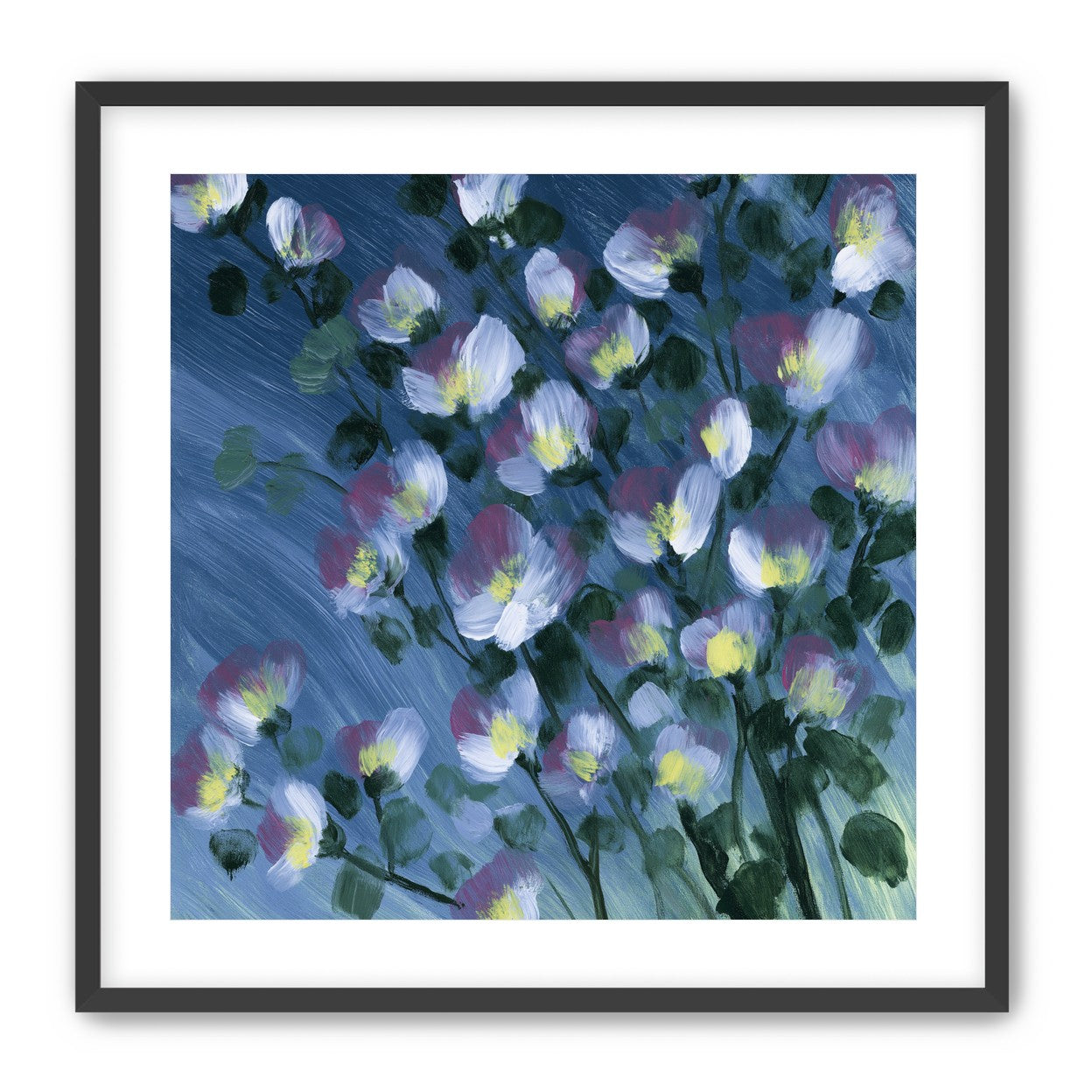White blossoms on blue field