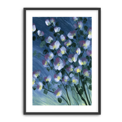 White blossoms on blue field