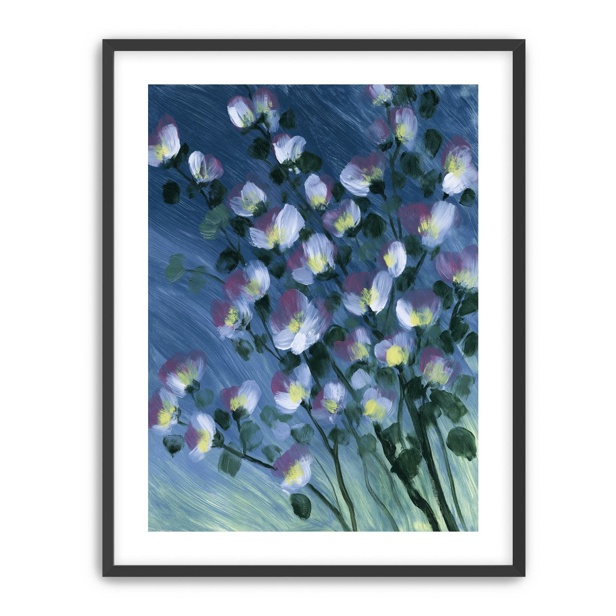 White blossoms on blue field