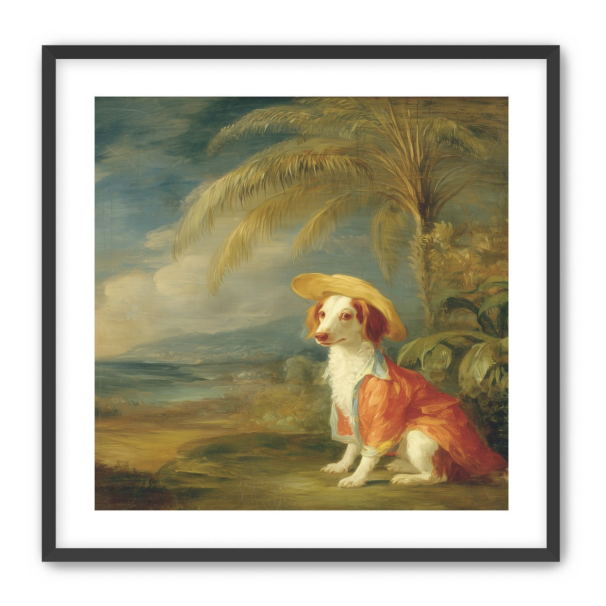A hatted dog by the sea