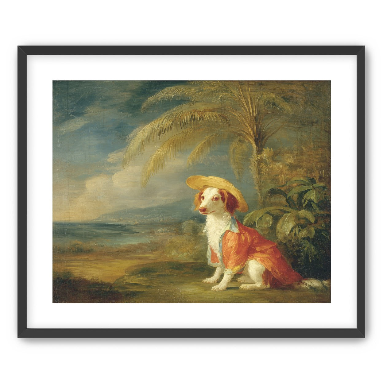 A hatted dog by the sea