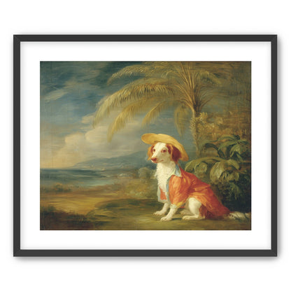 A hatted dog by the sea