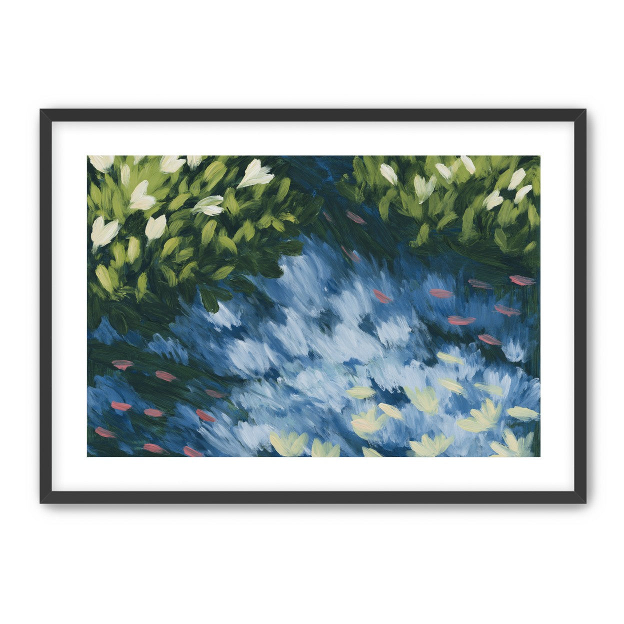 Water lilies over passing fish