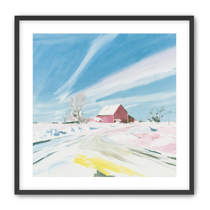 White sky over red barn