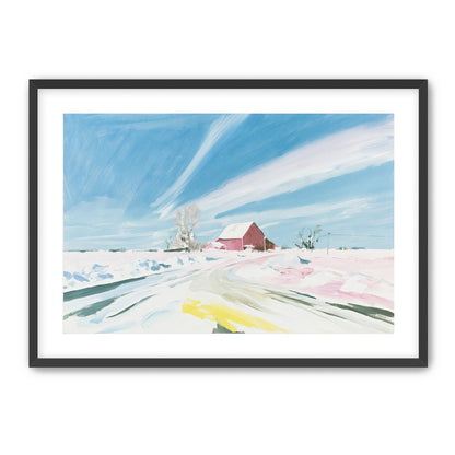 White sky over red barn