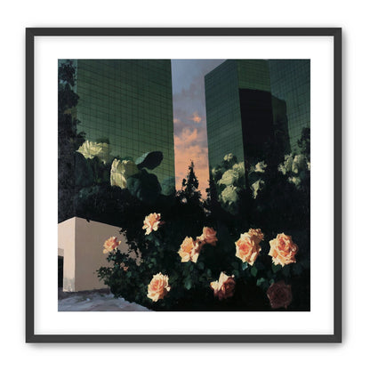 Roses under green towers