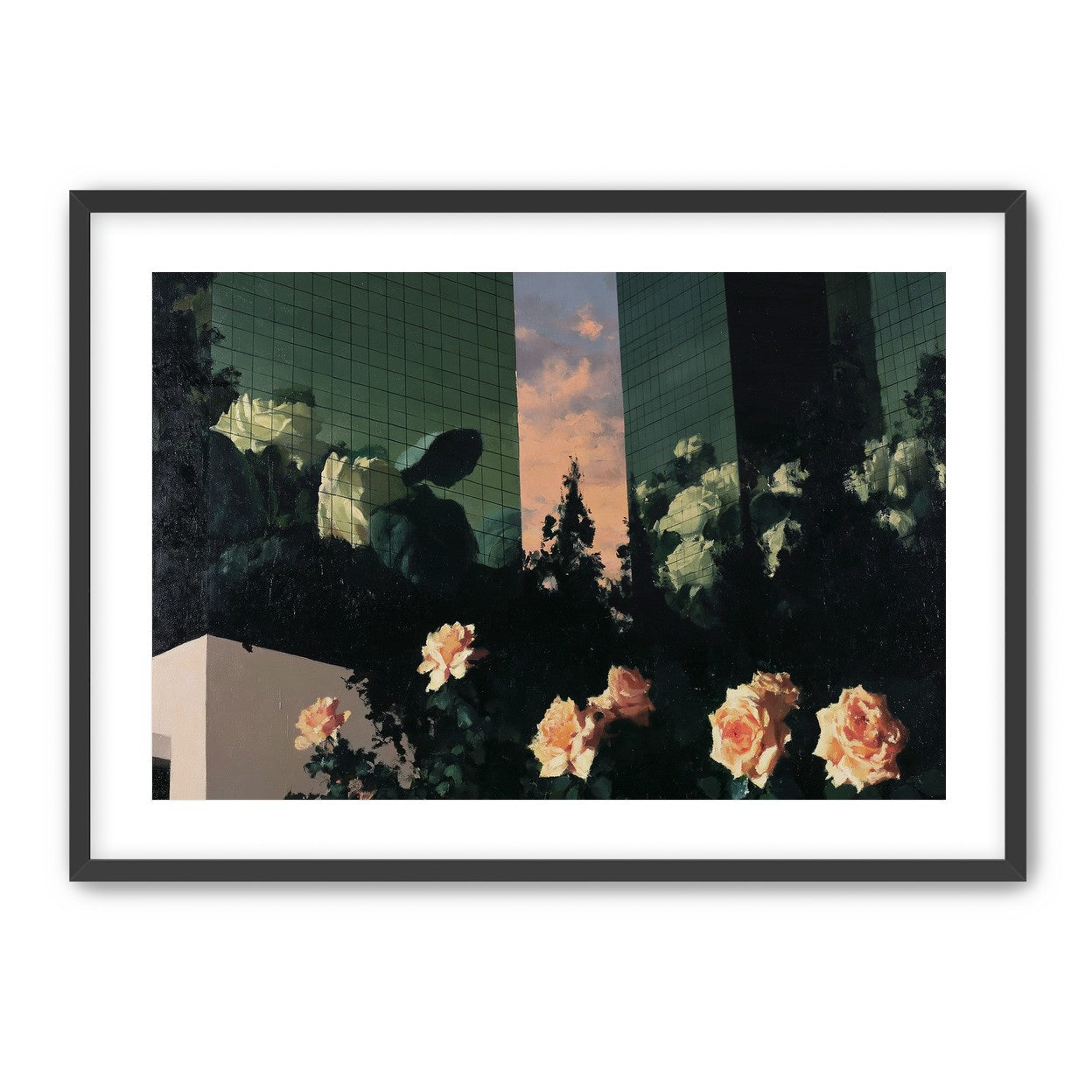 Roses under green towers