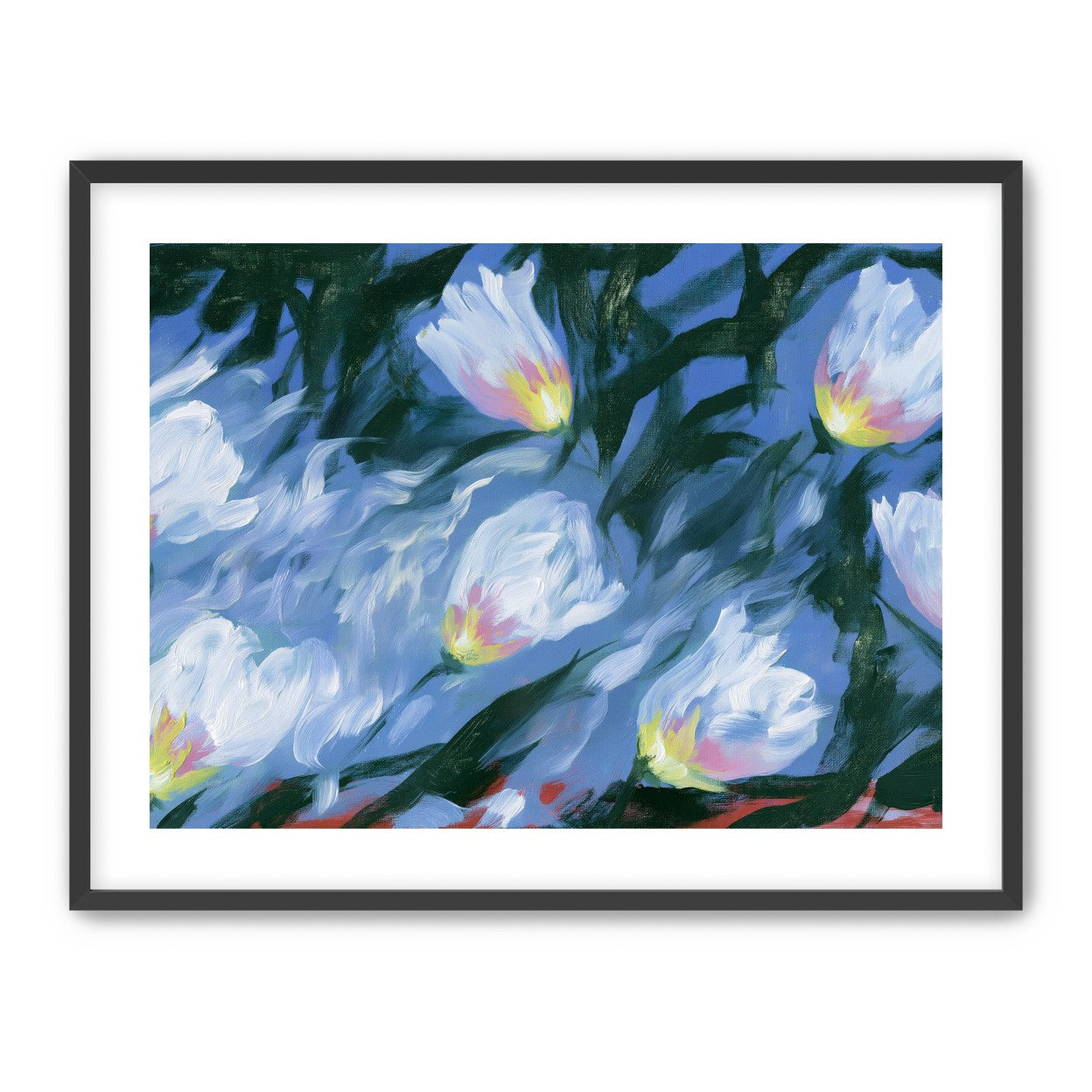 White tulips on blue ground