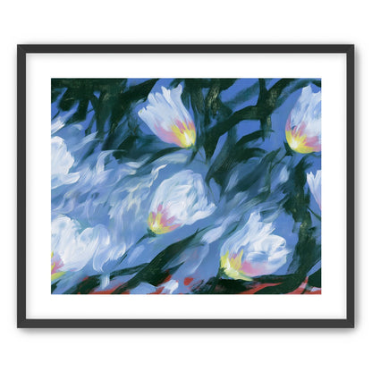 White tulips on blue ground