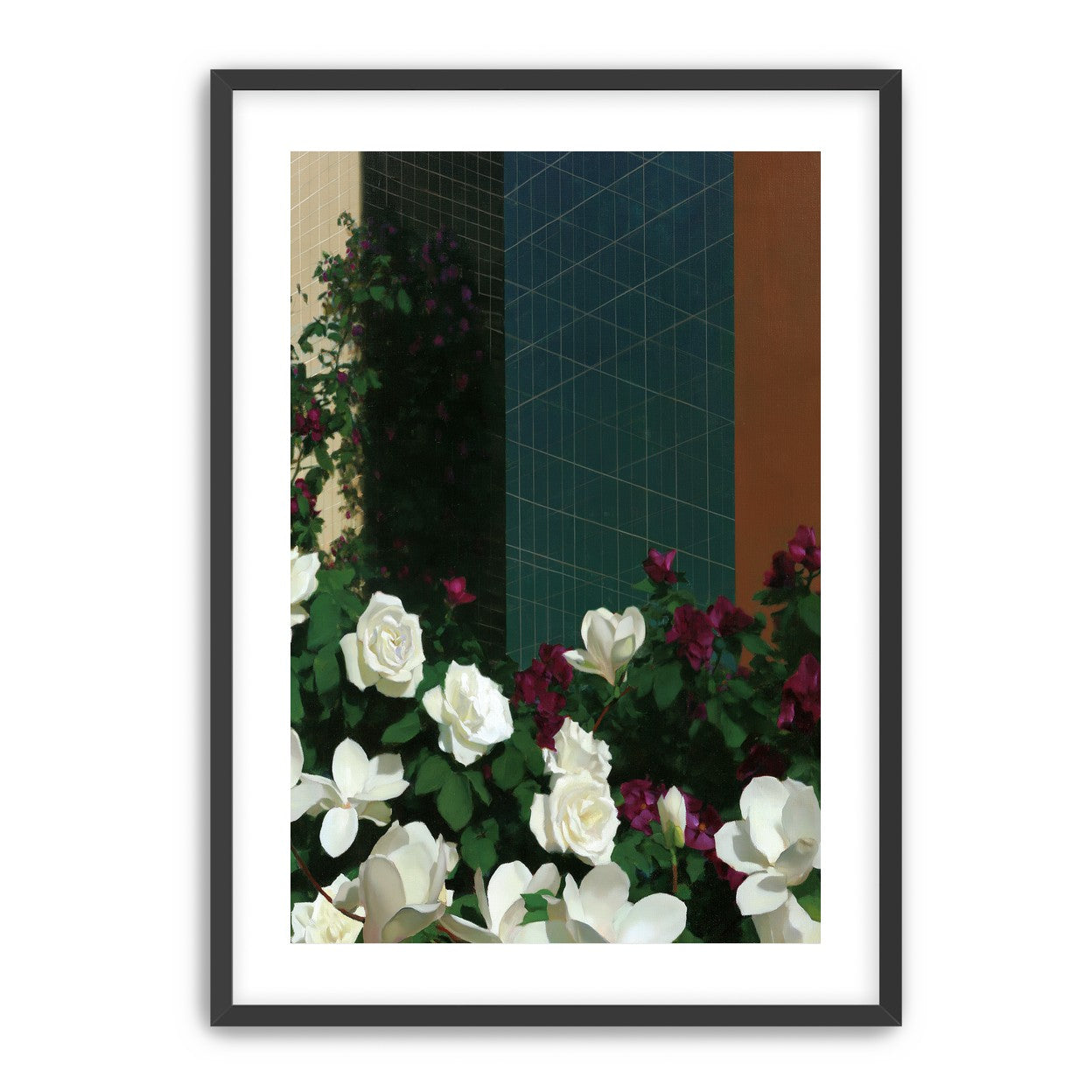 Roses against the blue grid