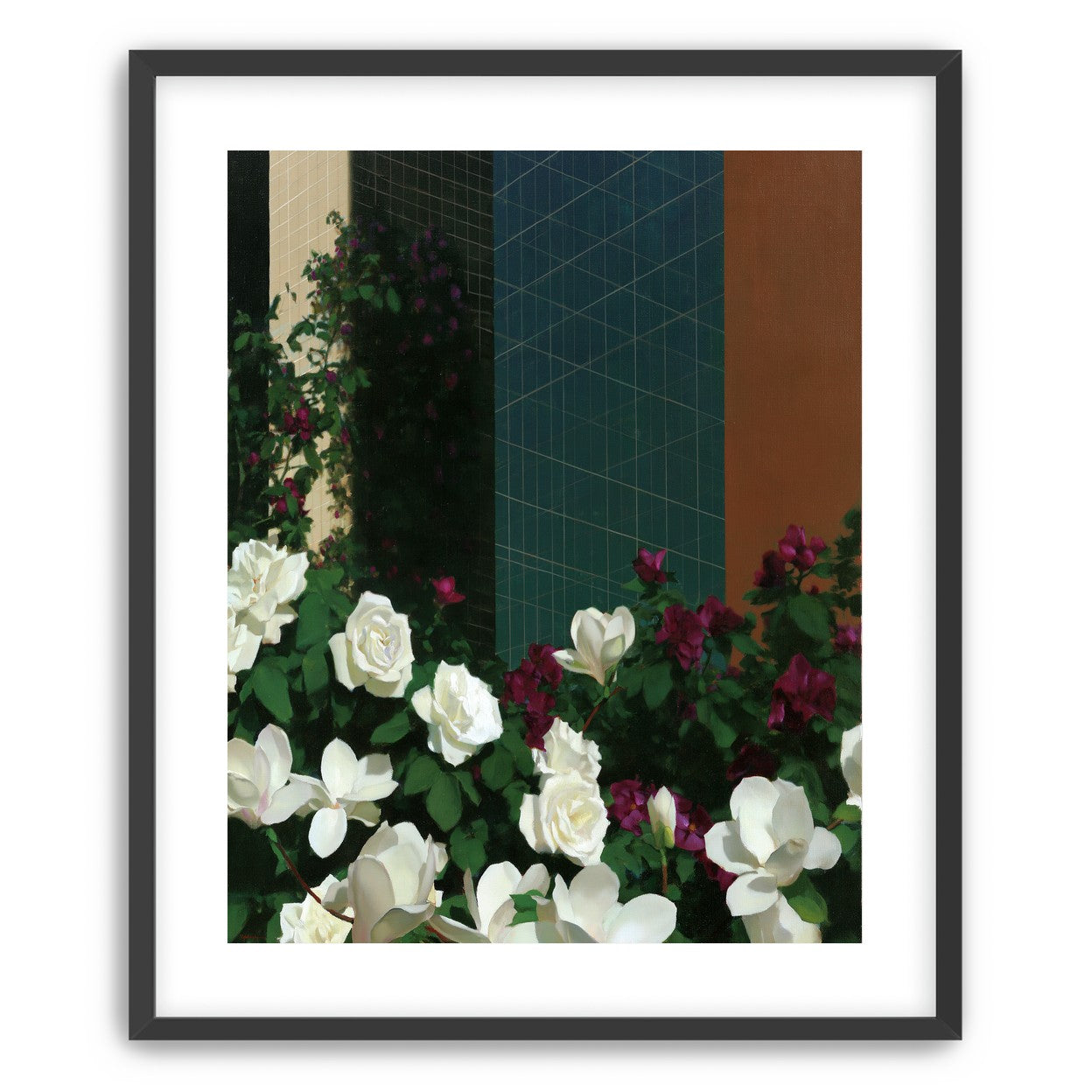 Roses against the blue grid