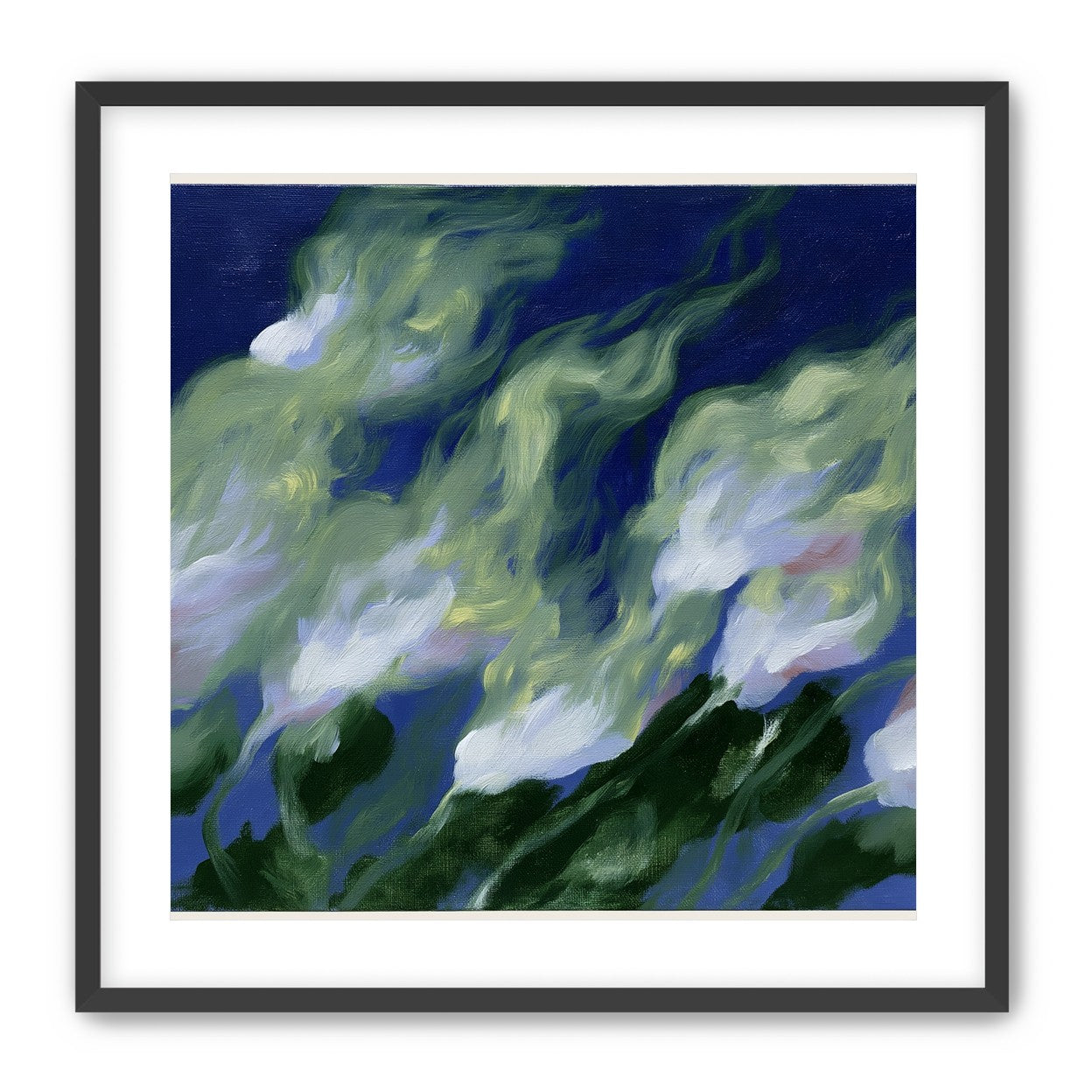 Pale flowers across blue field
