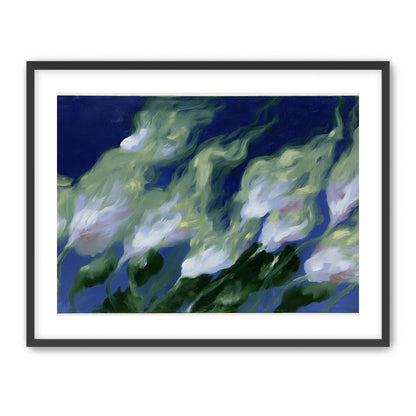 Pale flowers across blue field
