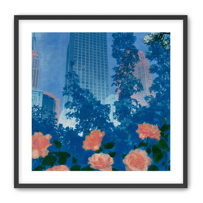 Pink roses below skyscrapers