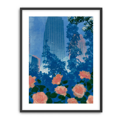 Pink roses below skyscrapers