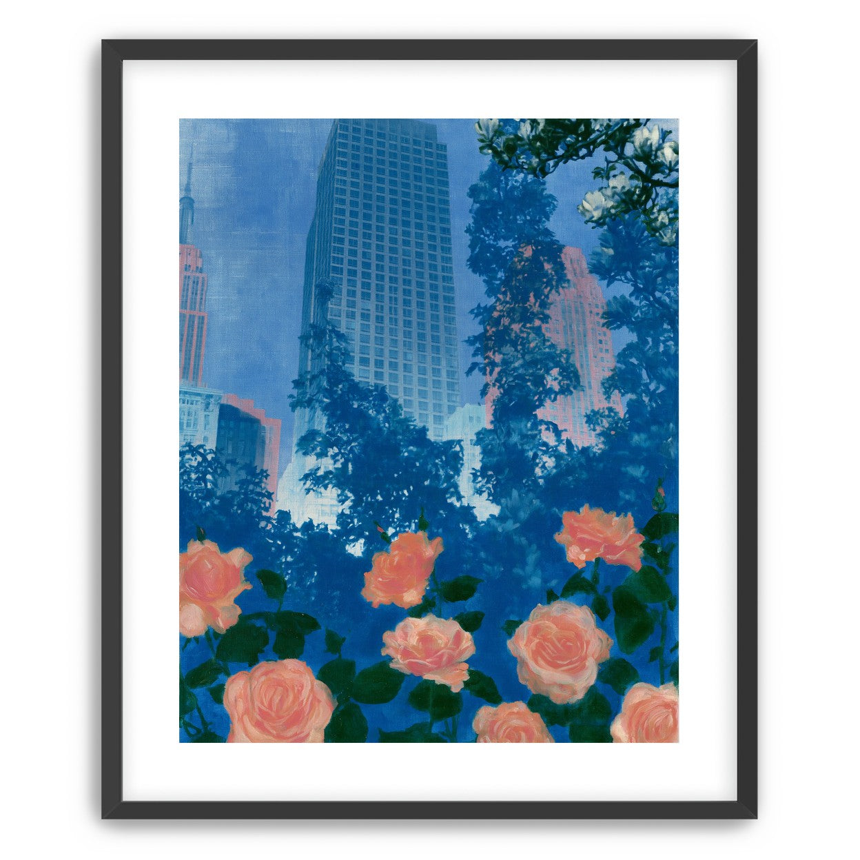 Pink roses below skyscrapers